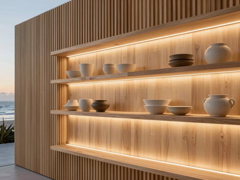 A modern wood slat media wall at dusk, with floating shelves illuminated by warm, integrated LED strip lights casting a soft glow on minimalist ceramics, 35mm.