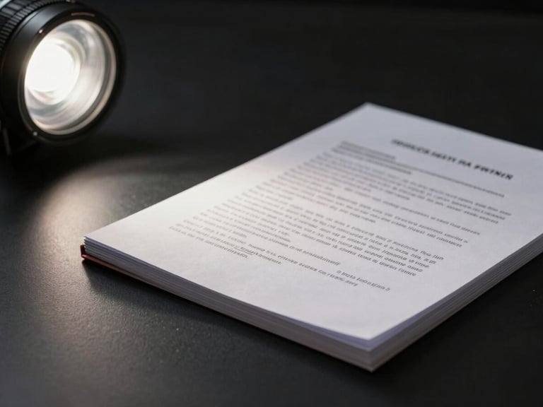 Close-up of a single object — a bound research document resting on a matte black surface, controlled strobe light from the upper left, deep contrast, no background clutter