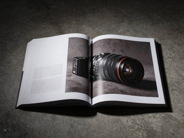 Finished editorial publication open on a concrete surface under controlled studio strobe light, single copy precisely centered, deep shadows framing the edges, minimal background