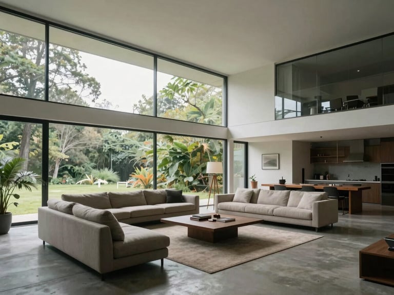 Modernist living room in Lago Norte, high ceiling, floor-to-ceiling glass walls, natural light, minimalist furniture, concrete floor.