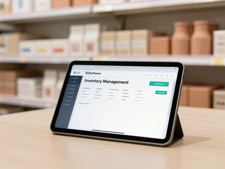 Close-up of a modern tablet displaying the 123software inventory management interface, with a blurred background of a neatly organized retail store shelf, soft natural daylight, sand and terracotta tones, clean minimalist composition, 35mm lens