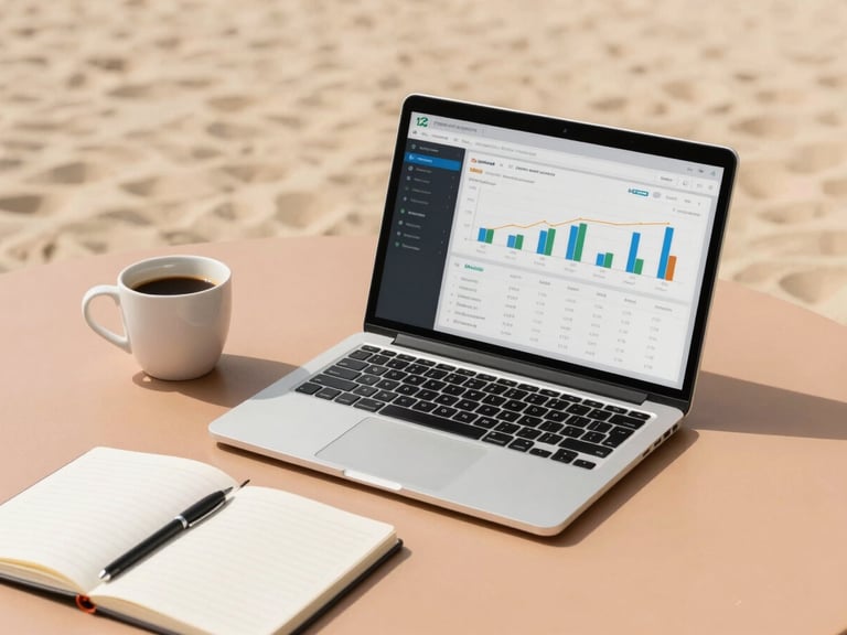 Clean desk setup with a laptop displaying the 123software financial dashboard, a cup of coffee, and a notepad, warm natural daylight, sand and terracotta tones, clean minimalist composition, 35mm lens