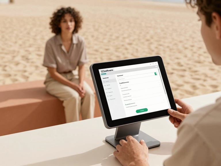 Hands of a retail worker using a modern POS system with the 123software sales interface, a customer waiting patiently in the background, warm natural daylight, sand and terracotta tones, clean minimalist composition, 35mm lens
