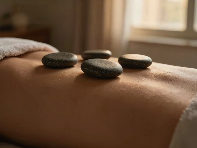 Close-up of smooth basalt stones resting on a client's back, warm low-key golden light, rich muted earth tones, shallow depth of field.