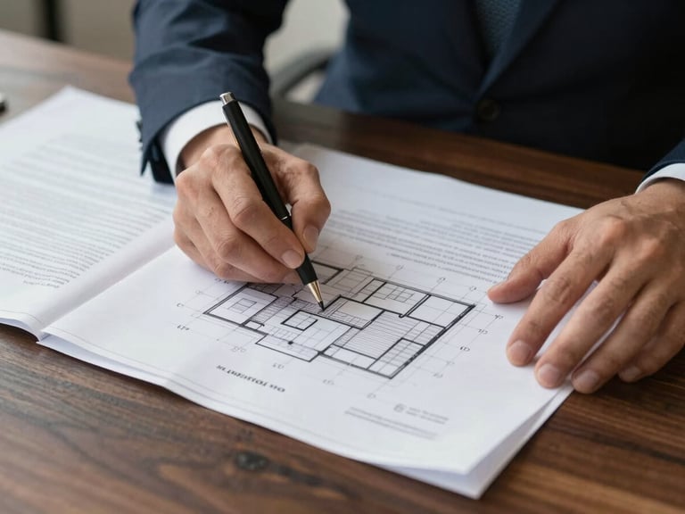 Close-up of hands reviewing architectural blueprints and legal contracts on a dark oak table, soft side lighting, editorial corporate photography, 35mm lens