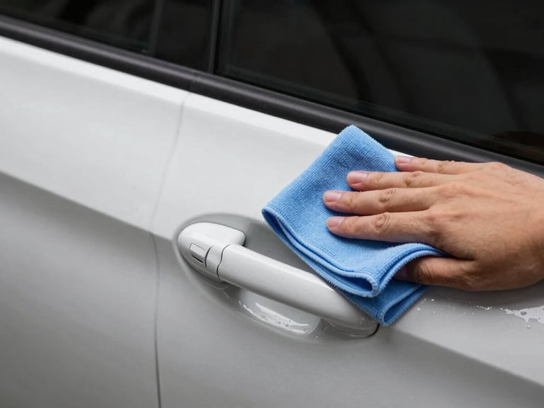 Close-up side-angle shot of a car door panel being detailed, microfibre cloth in motion, even workshop lighting illuminating paintwork clarity, no people visible beyond hands, no lifestyle posing