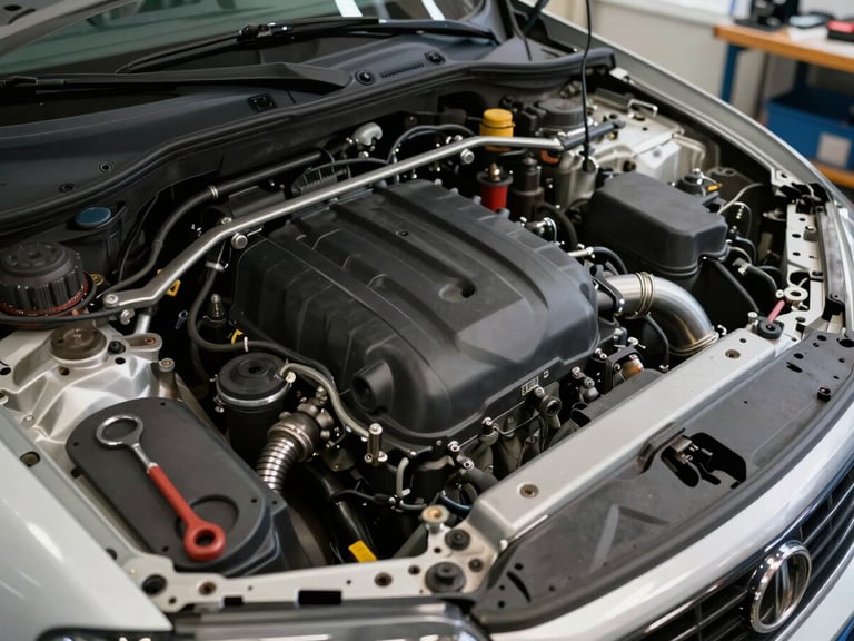 Close-up overhead shot of a vehicle engine bay during a service inspection, tools arranged precisely beside it on a workshop bench, even fluorescent workshop lighting, no people, clean and organised