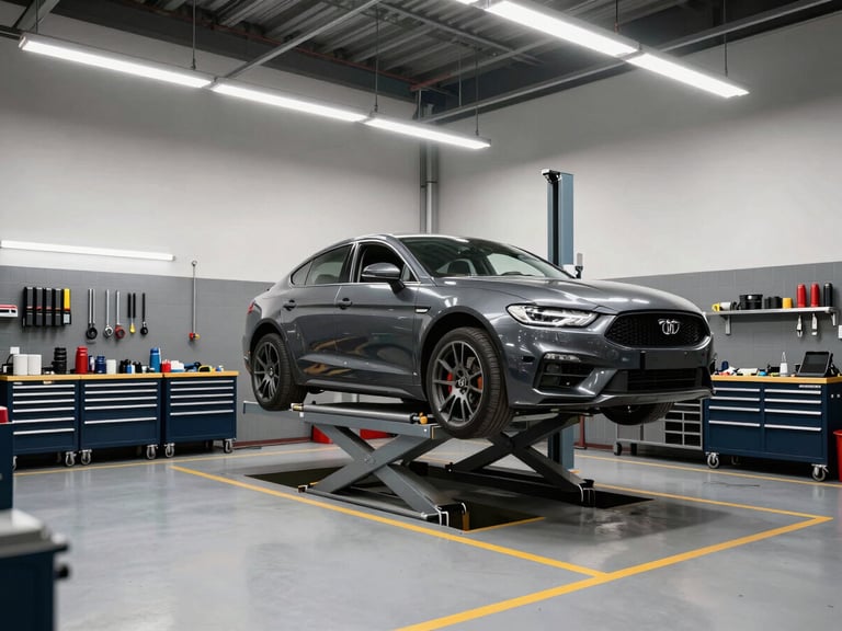 Straight-angle wide shot of a professional automotive workshop interior in Berlin, vehicle on a lift mid-service, organized tool panels on the wall, even overhead fluorescent lighting, no people visible, clean floor markings