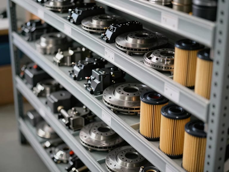 Straight-angle close-up of organised automotive parts shelving, labelled bins with brake components and filters arranged in rows, even workshop daylight, no people, industrial precision framing