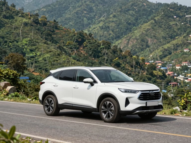 Wide environmental shot of a modern clean white SUV parked on a scenic mountain road in India, bright natural daylight.