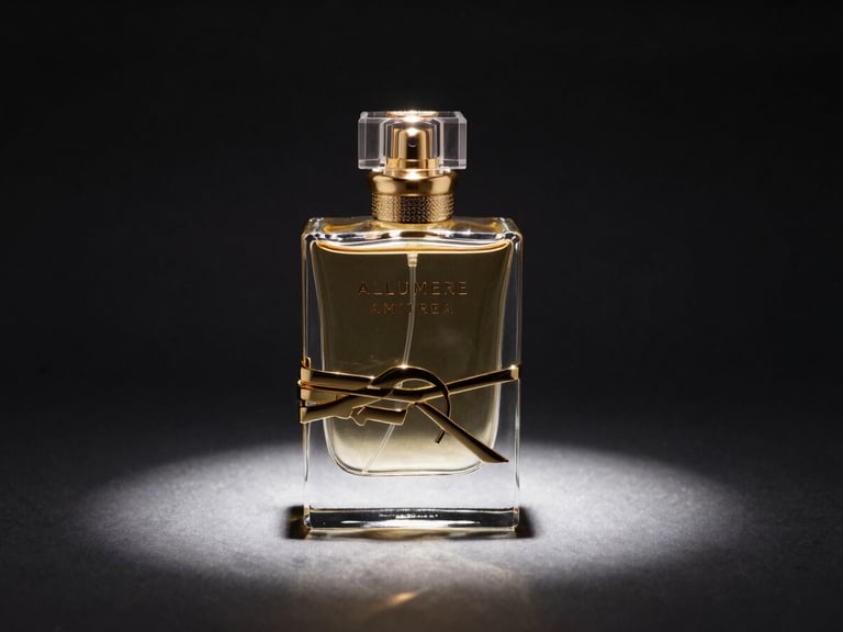 Premium glass perfume bottle of ALLUMERE AMITREA on a dark reflective surface, gold accents shining under dramatic spotlight, high-contrast studio photography