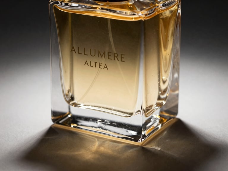 Luxury glass perfume bottle of ALLUMERE ALTEA, close-up showing fine glass textures and golden liquid, sharp directional shadows, dramatic studio lighting