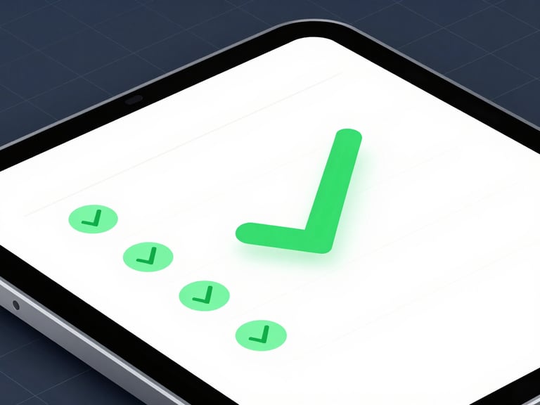 Macro shot of an Android tablet screen showing a clean task checklist with vibrant green checkmarks, sharp focus, technical grid lines in background