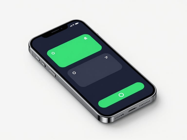 Crisp isometric device mockup of a sleek Android smartphone displaying a clean, high-contrast dark productivity interface with green accents, bright studio lighting, minimal background