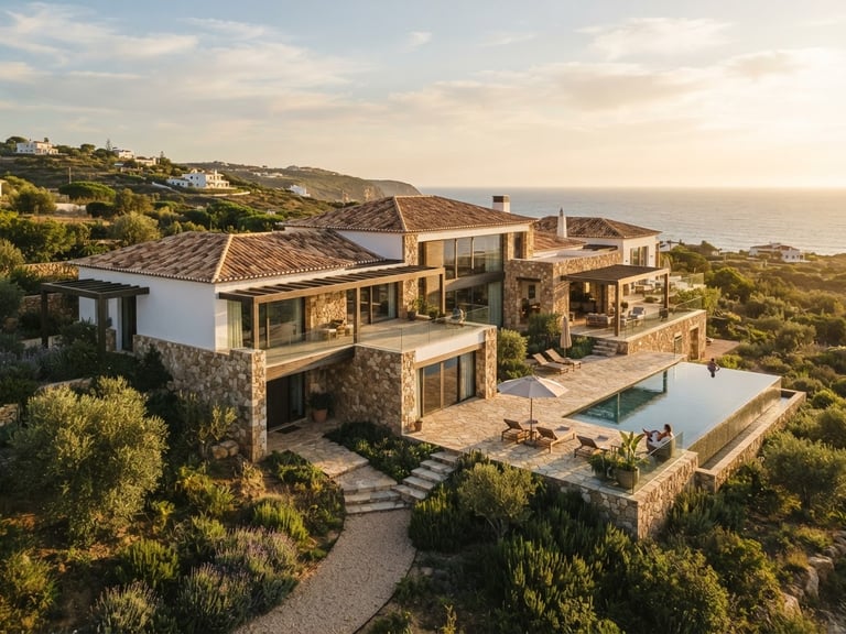 Wide architectural shot of a modern Portuguese villa with natural stone walls, terracotta roof tiles, golden-hour sunlight casting soft shadows, 35mm editorial photography.