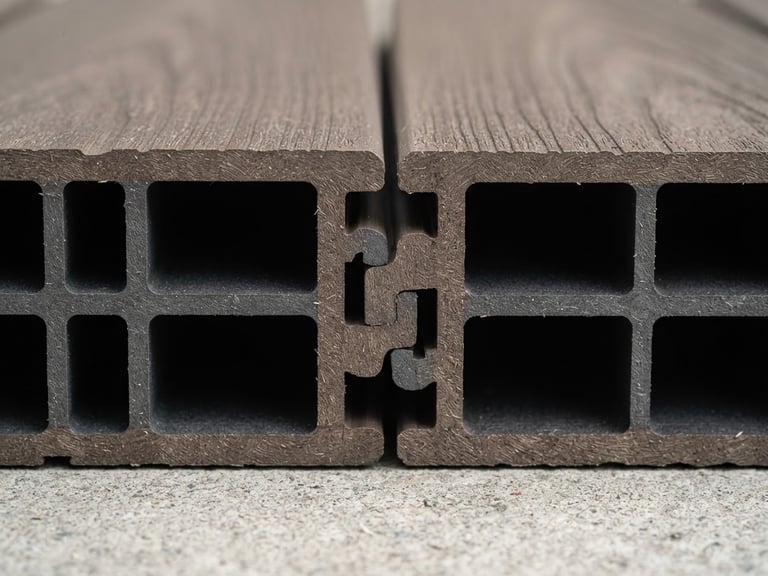 Macro architectural cross-section of interlocking WPC decking panels, showing internal hollow-core structure, crisp studio lighting, warm stone tones, sharp focus.