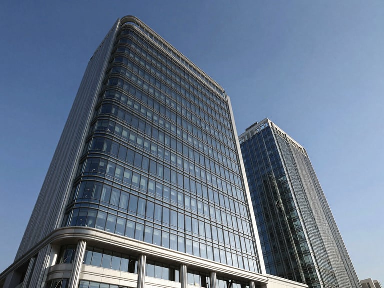 Low-angle architectural perspective of a futuristic glass and steel corporate headquarters in Dubai, crisp morning daylight with silver highlights, deep blue sky, premium corporate photography