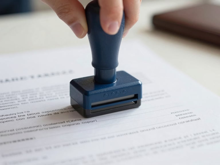Macro close-up of a physical legal document being stamped with an official blue ink stamp on a clean, professional desk, bright natural daylight