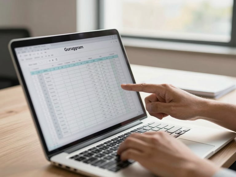 Editorial close-up of hands reviewing a clean spreadsheet on a laptop screen, warm natural daylight from a Gurugram office window, shallow depth of field.