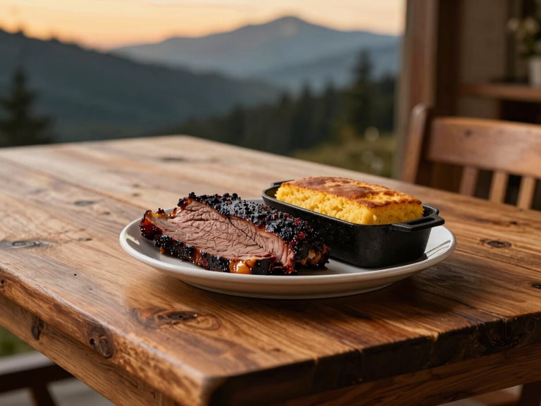 A rustic wooden dining table with a plate of slow-smoked brisket and cast-iron cornbread, warm ambient lighting, editorial food photography