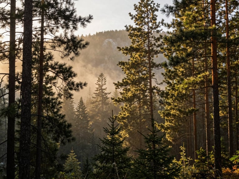 Warm early morning mist rising from a pine forest valley, soft golden light filtering through tall hemlock trees, medium format editorial style