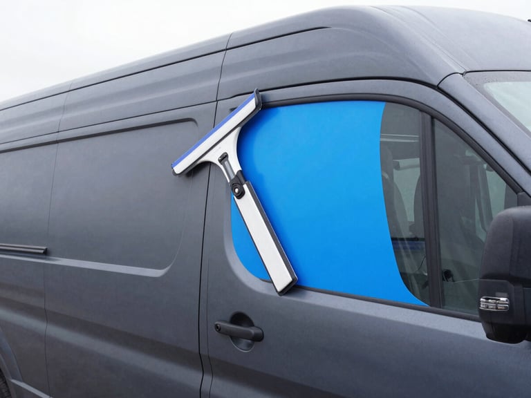 A close-up of a matte charcoal commercial van being wrapped with clean electric blue lettering, bright overcast daylight, focus on the squeegee smoothing the vinyl over a complex contour line.