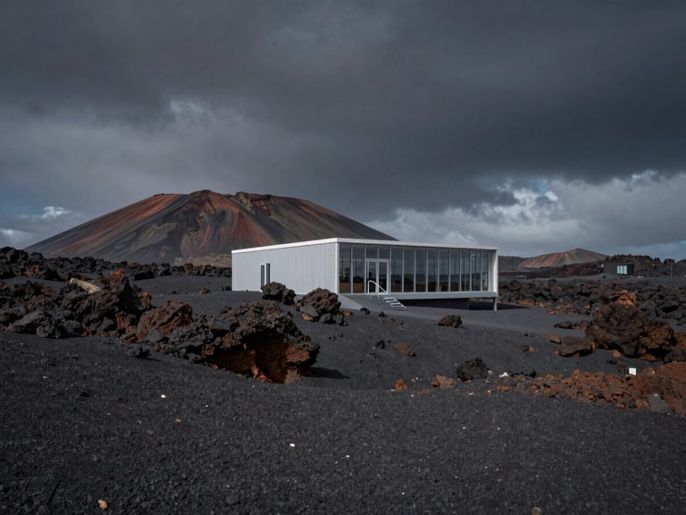 Cinematic wide-angle shot of a rugged volcanic landscape under a dramatic dark sky, a solitary modern architectural visitor center integrated into the rock.