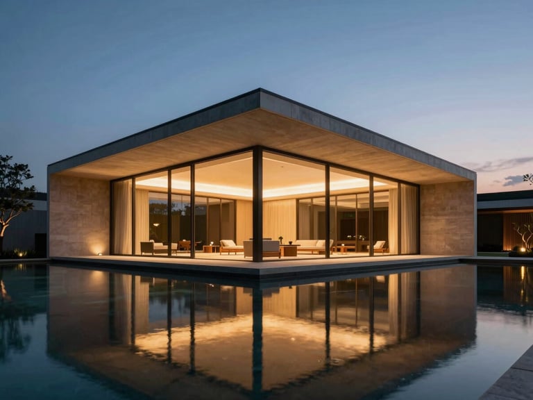 Cinematic wide-angle architectural shot of a minimalist luxury resort pavilion at dusk, warm interior lights reflecting on a still pool, sharp geometric lines.