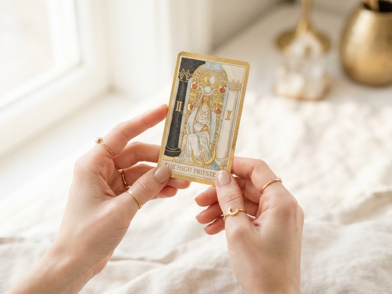 Luminous editorial photography, close-up of delicate hands with gold rings holding a single gold-rimmed tarot card, bright natural daylight, soft golden highlights, 35mm