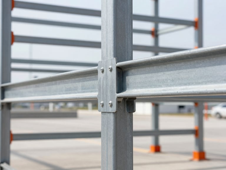 Sharp macro shot of structural steel racking joints, crisp industrial lighting, cool tones