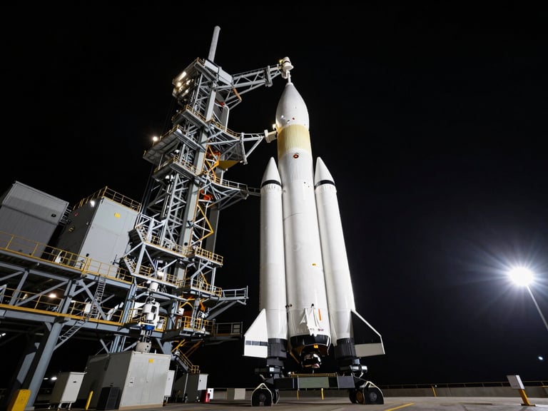 Wide shot of the SLS rocket on the launchpad at dusk, dramatic key light, high contrast, cinematic aerospace photography