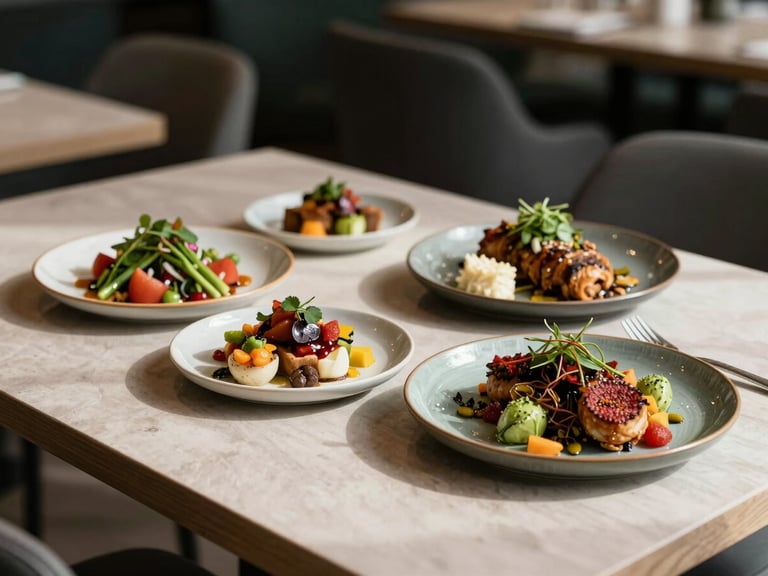 Aesthetic table setting in a modern restaurant, plates with colorful organic dishes, soft shadows, cozy Scandinavian atmosphere