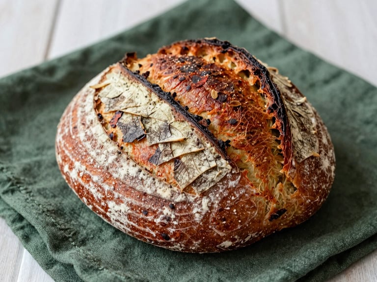 Close-up of beautifully styled sourdough bread on a dark green linen cloth, flour visible, soft natural Scandinavian daylight, 35mm