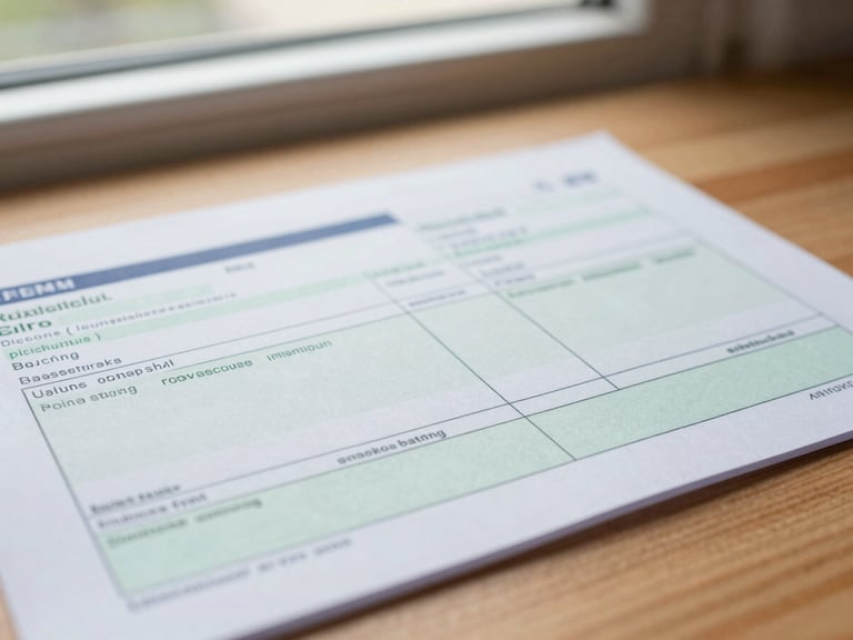Close-up of a paper utility bill with neat green ink markings, resting on a wooden desk under bright natural window light, 35mm photography