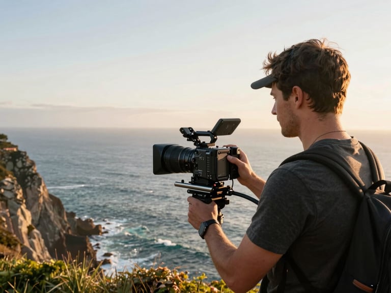 Travel creator mid-shoot on a coastal cliff — hands steady on a cinema camera mounted to a shoulder rig, ocean horizon behind, golden hour sidelight, wide environmental frame