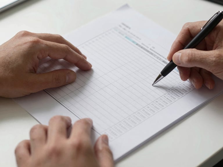 Extreme close-up overhead shot of hands turning pages of a spreadsheet printout on a white desk, a pen resting on the paper, studio strobe lighting creating crisp shadows on document columns and rows, precise editorial framing