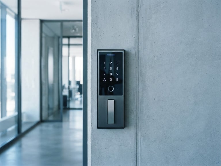 Sleek modern wall-mounted security keypad in a bright architectural hallway, crisp daylight, cool blue tones, sharp focus, 35mm lens
