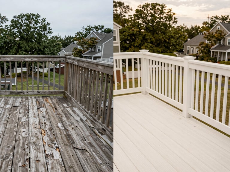 Side-by-side diptych: left half shows weathered gray rotting deck boards with a cracked railing in flat overcast light; right half shows the same deck area after repair with fresh composite boards and a clean painted railing in warm daylight, Delaware residential backyard visible