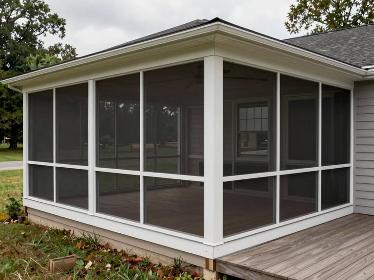 Wide environmental shot of a finished screened porch on a Delaware suburban home, overcast daylight, dark aluminum screen frames with white trim, composite decking floor, viewed from the side yard showing full structure depth
