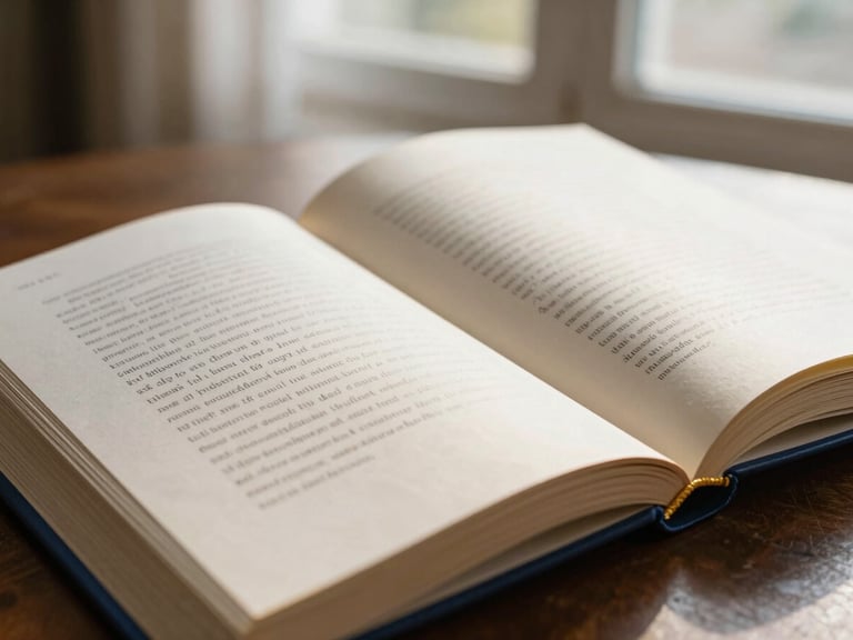 Tactile book-focused layout showing an open book with elegant typography on warm paper-white pages, soft natural window light, shallow depth of field