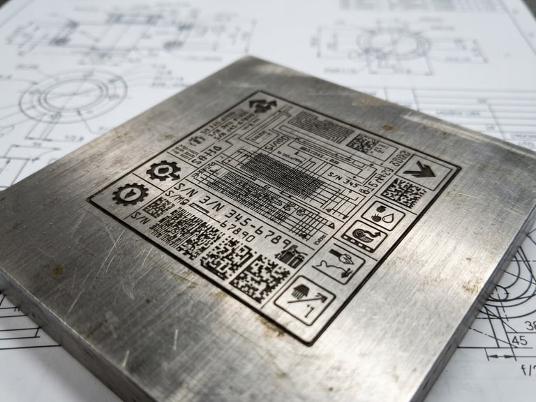 Macro industrial shot of precision laser engraving on a heavy-duty metallic plate, high contrast neutral daylight, technical blueprint lines in background, sharp focus, 50mm lens