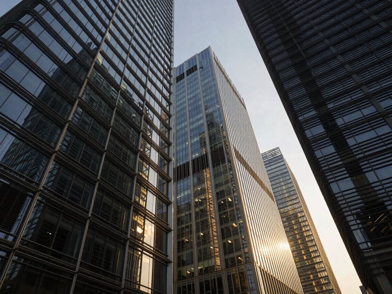 Low-angle shot of modern glass skyscrapers reflecting dramatic sunlight, steel framework visible, highly detailed