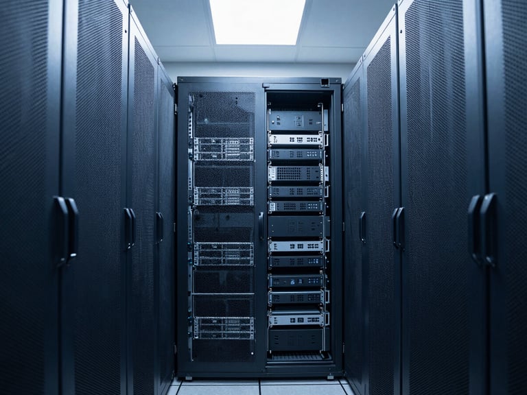Symmetrical architectural crop of a modern server room, clean physical infrastructure, cool industrial daylight, sharp focus.