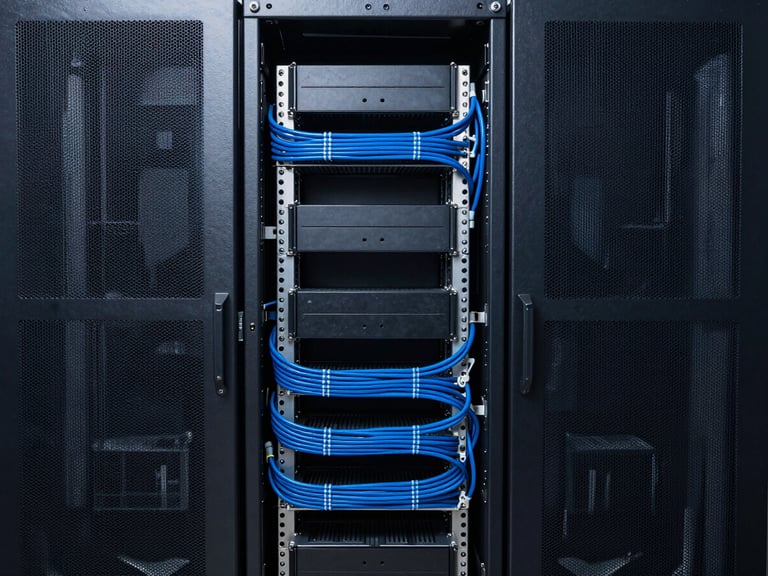 Straight-on geometric crop of structured server racks with clean blue cable management, cool high-contrast studio lighting, sharp architectural focus.