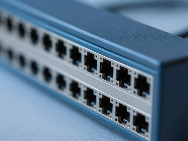 Macro photograph of structured network switches with neat patching, sharp highlights, cool blue and charcoal gray tones.