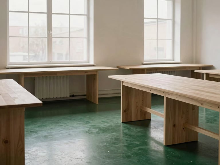 Clean Scandinavian design workshop with a polished dark green epoxy floor, light wood workbenches, large windows with soft daylight, 35mm lens.