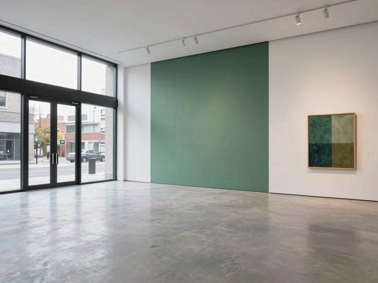 Low-angle architectural photo of a spacious art gallery in Toronto, seamless light gray epoxy floor, white walls, soft overcast daylight from a glass storefront, 35mm lens.