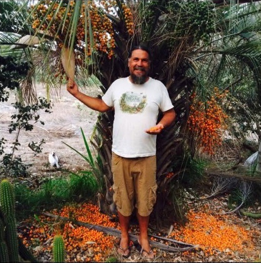 Man in white shirt and tan shorts standing in front of a palm with many orange fruit