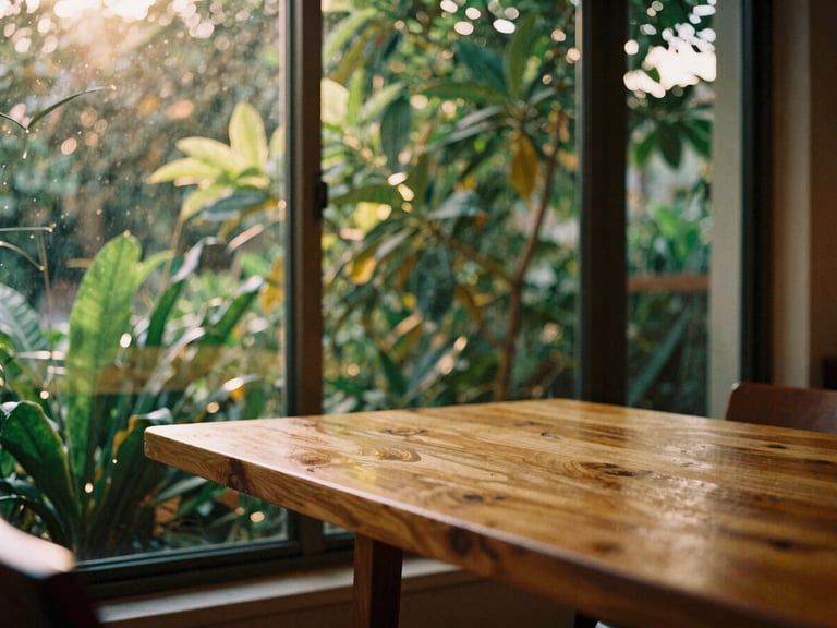 Warm editorial photography of a wooden table next to a large glass window framing lush green foliage, soft golden-hour sunlight filtering through leaves, 35mm film.