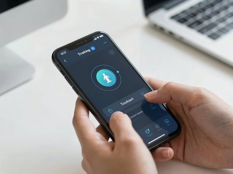 Close-up of hands using a high-tech logistics tracking interface on a smartphone, clean modern desk setting, bright natural light, 35mm